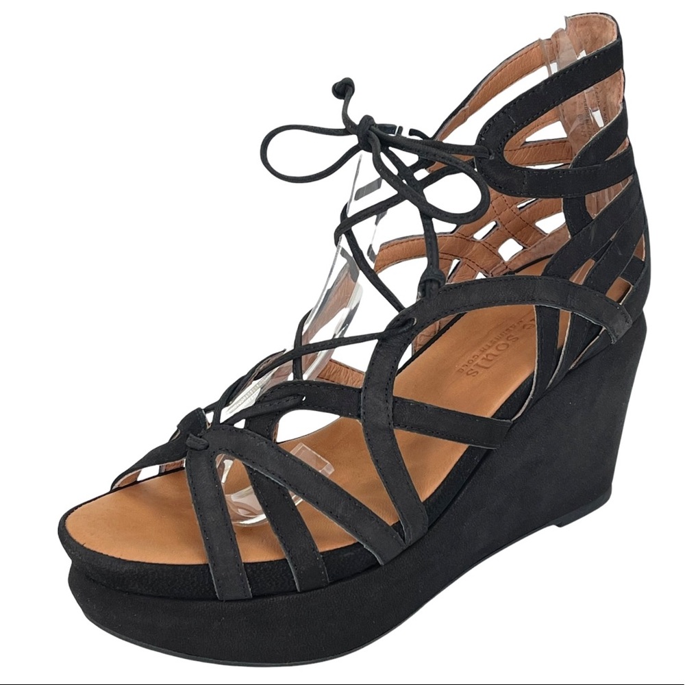 Gentle Souls Joy Black Leather Strappy Womens Wedge Sandals Size 8.5M - Picture 1 of 16